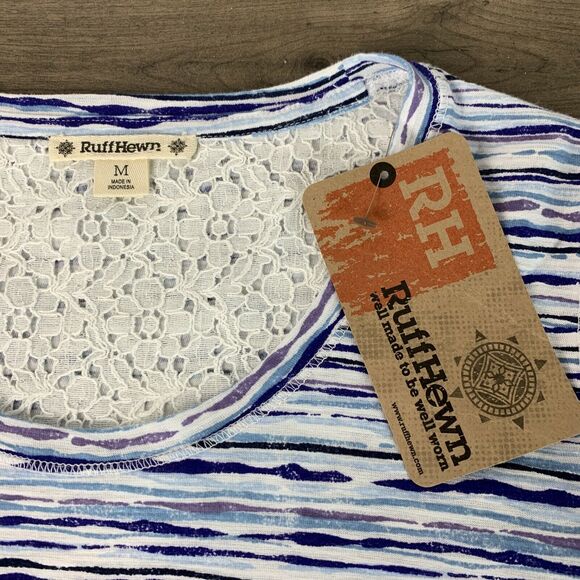 Ruff Hewn Womens Abstract Striped Shirt Size Medium Short Sleeve Cotton Lace - Picture 6 of 10